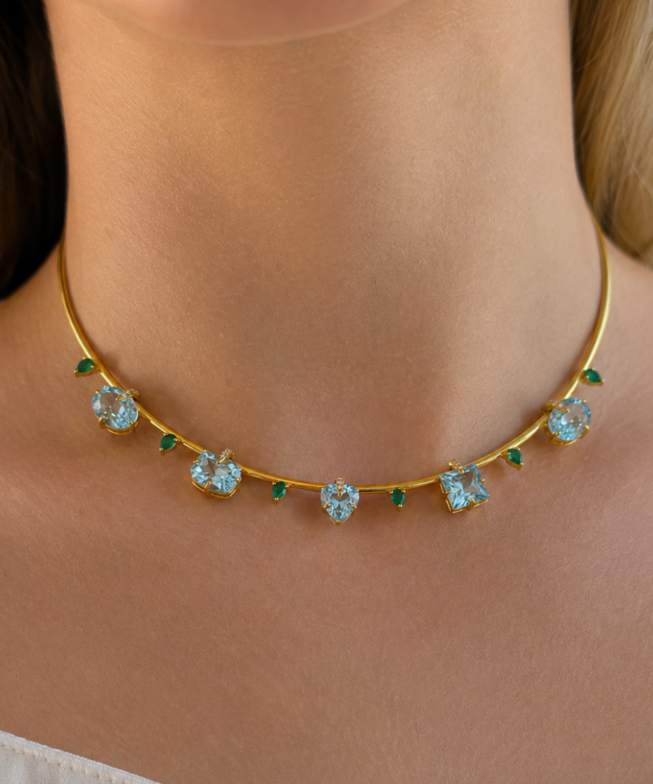16.72ct Topaz Emerald Diamond 18K Gold Stationed Choker Necklace