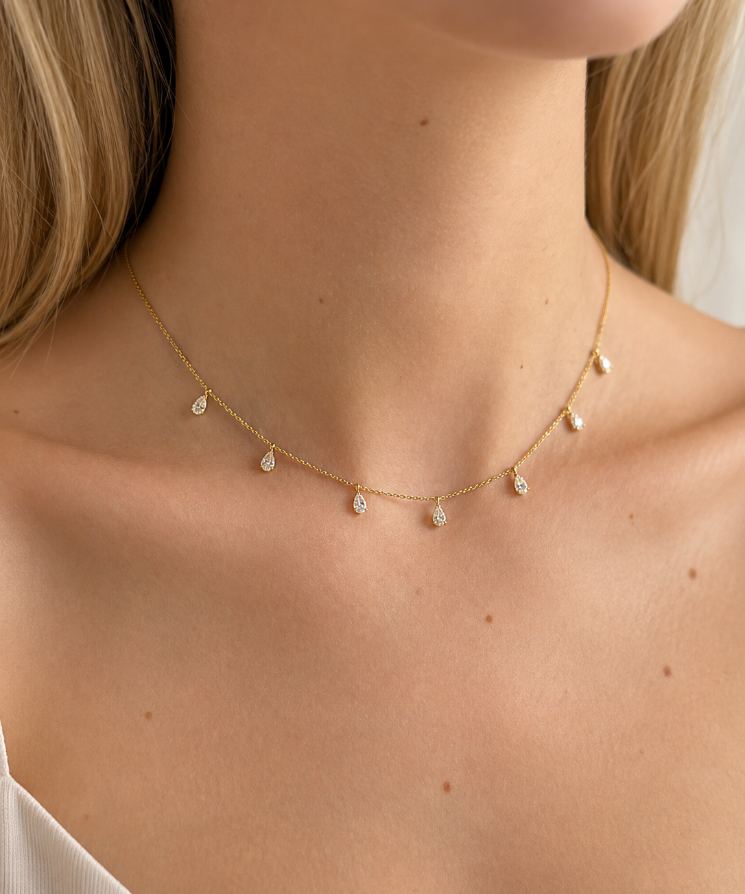 1.04ct Diamond 18K Gold Pear Drop Stationed Necklace