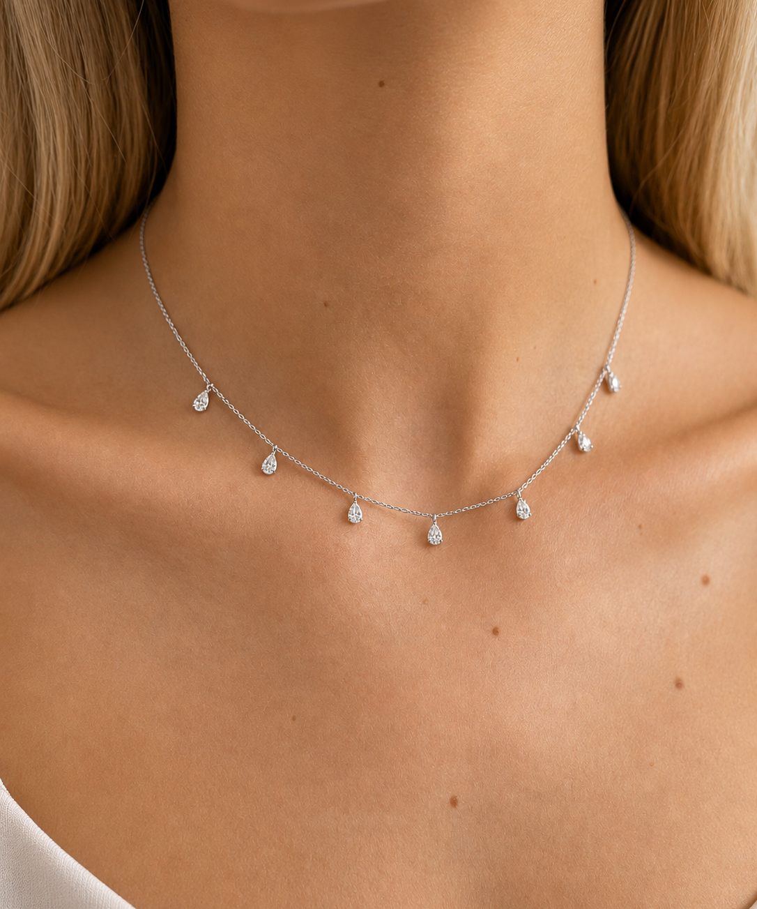 1.08ct Diamond 18K Gold Pear Drop Stationed Necklace