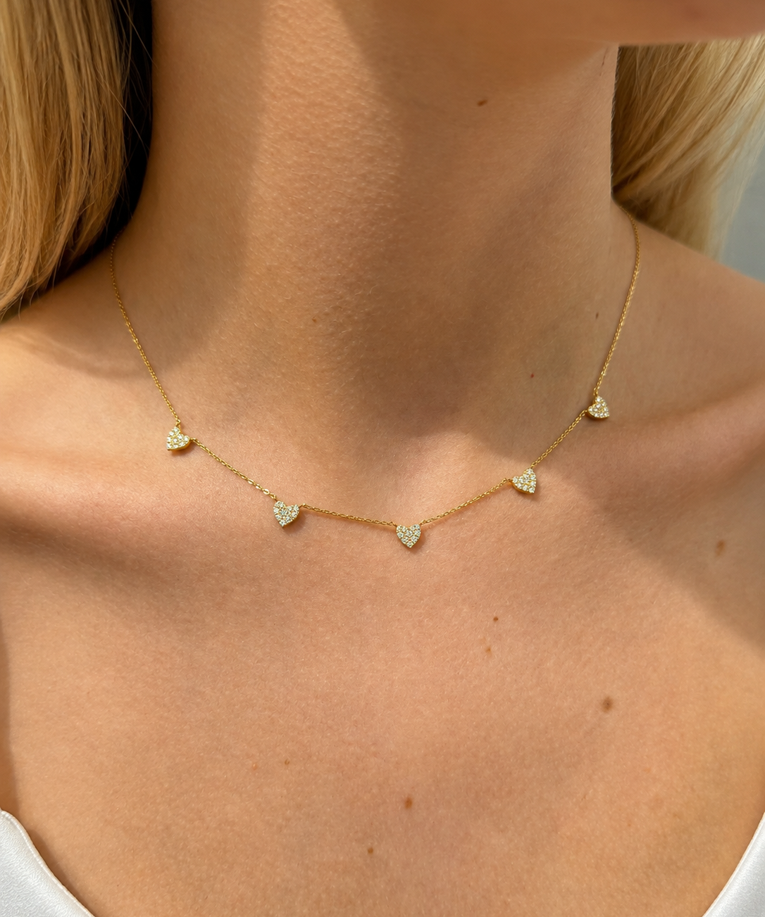 0.52ct Diamond 18K Gold Pave Heart Stationed Necklace