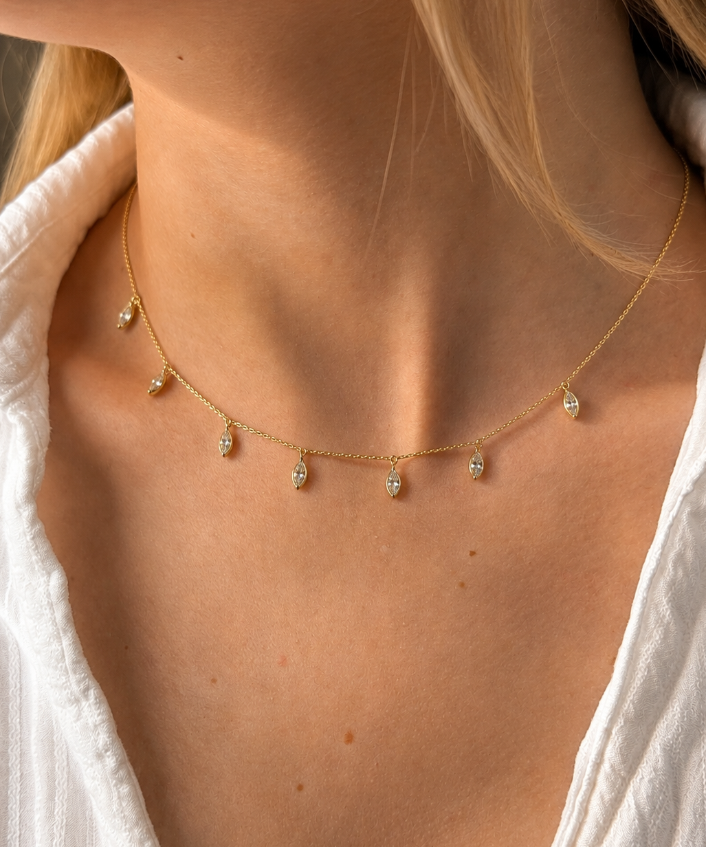 1.56ct Diamond 18K Gold Marquise Drop Stationed Necklace