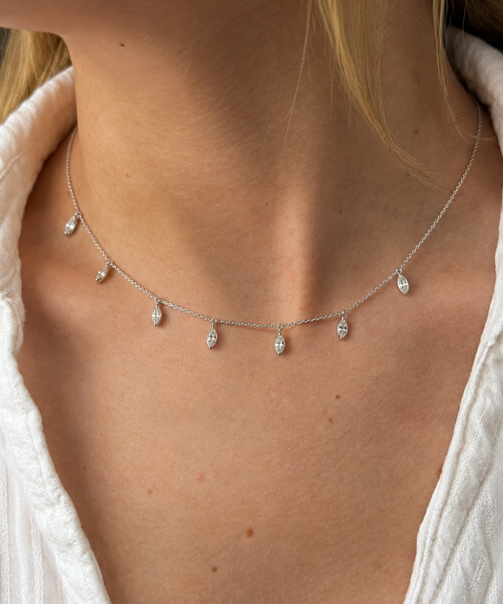 1.05ct Diamond 18K Gold Marquise Drop Stationed Necklace