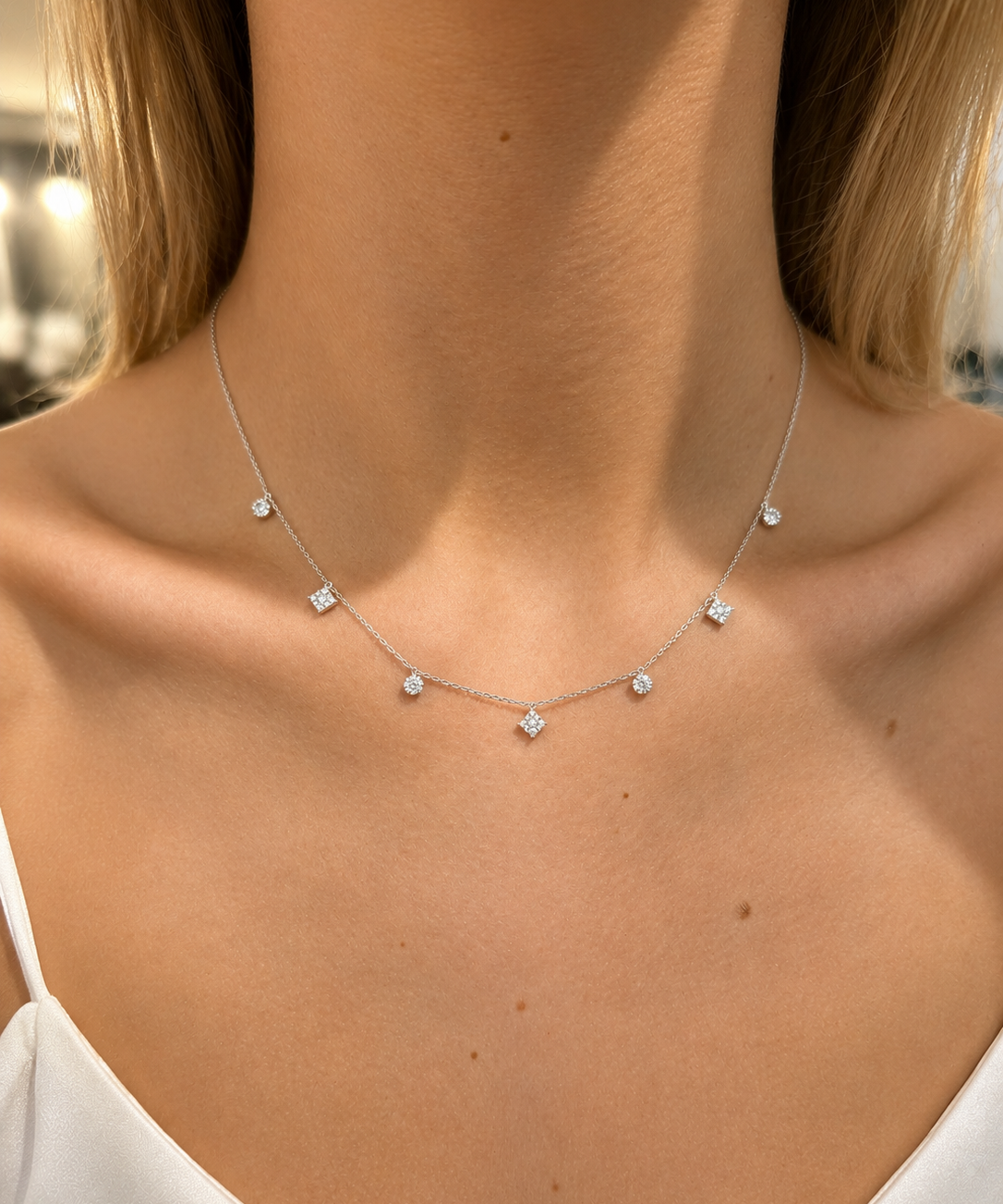 0.71ct Diamond 18K Gold Pave Multi Shape Stationed Necklace
