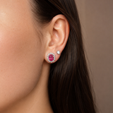 2.30ct Diamond Ruby 18K Gold Halo Stud Earrings