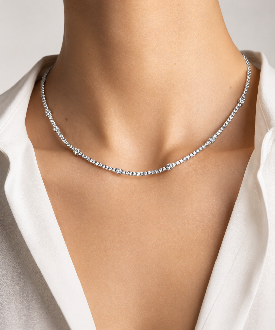7.33ct Diamond 18K Gold Stationed Tennis Necklace