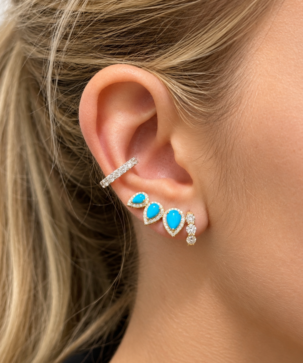 3.06ct Diamond Turquoise 14K Gold Climber Earrings