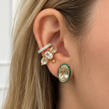 12.93ct Green Amethyst Diamond Malachite 18K Gold Oval Stud Earrings