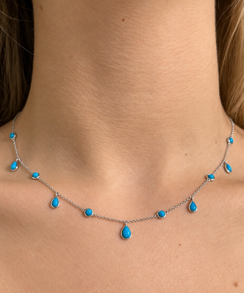 Turquoise 14K Gold Stationed Drop Dainty Necklace