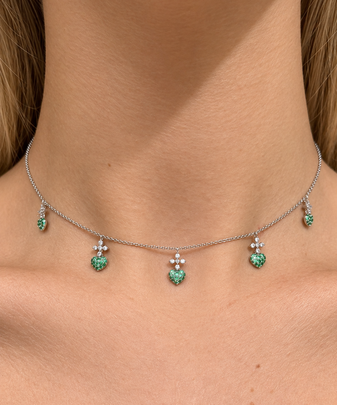 0.70ct Emerald Diamond 18K Gold Sacred Heart Station Necklace