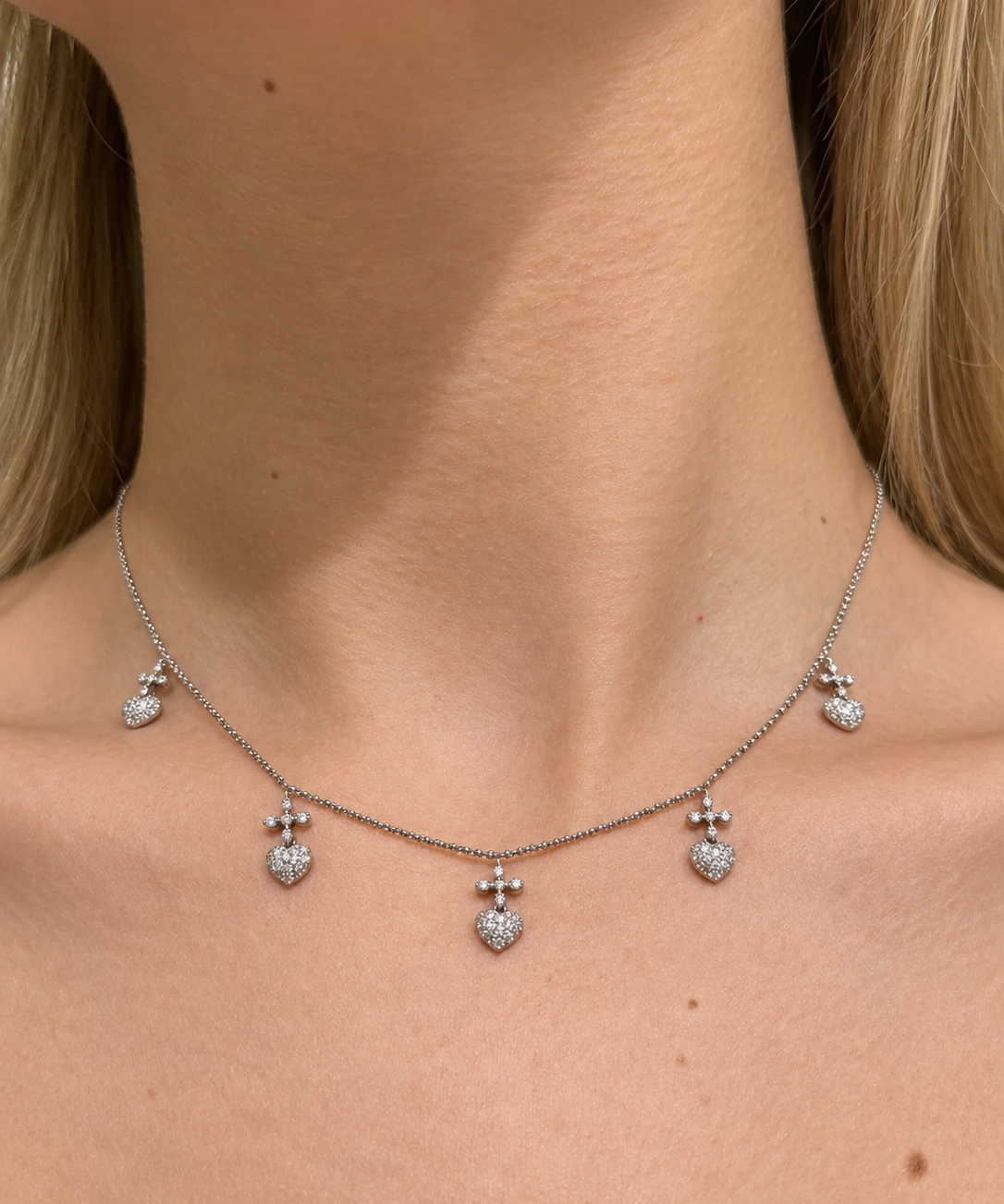 0.90ct Diamond 18K Gold Sacred Hearts Stationed Necklace