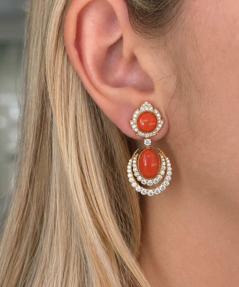10.56ct Diamond Coral 18K Gold Statement Drop Earrings