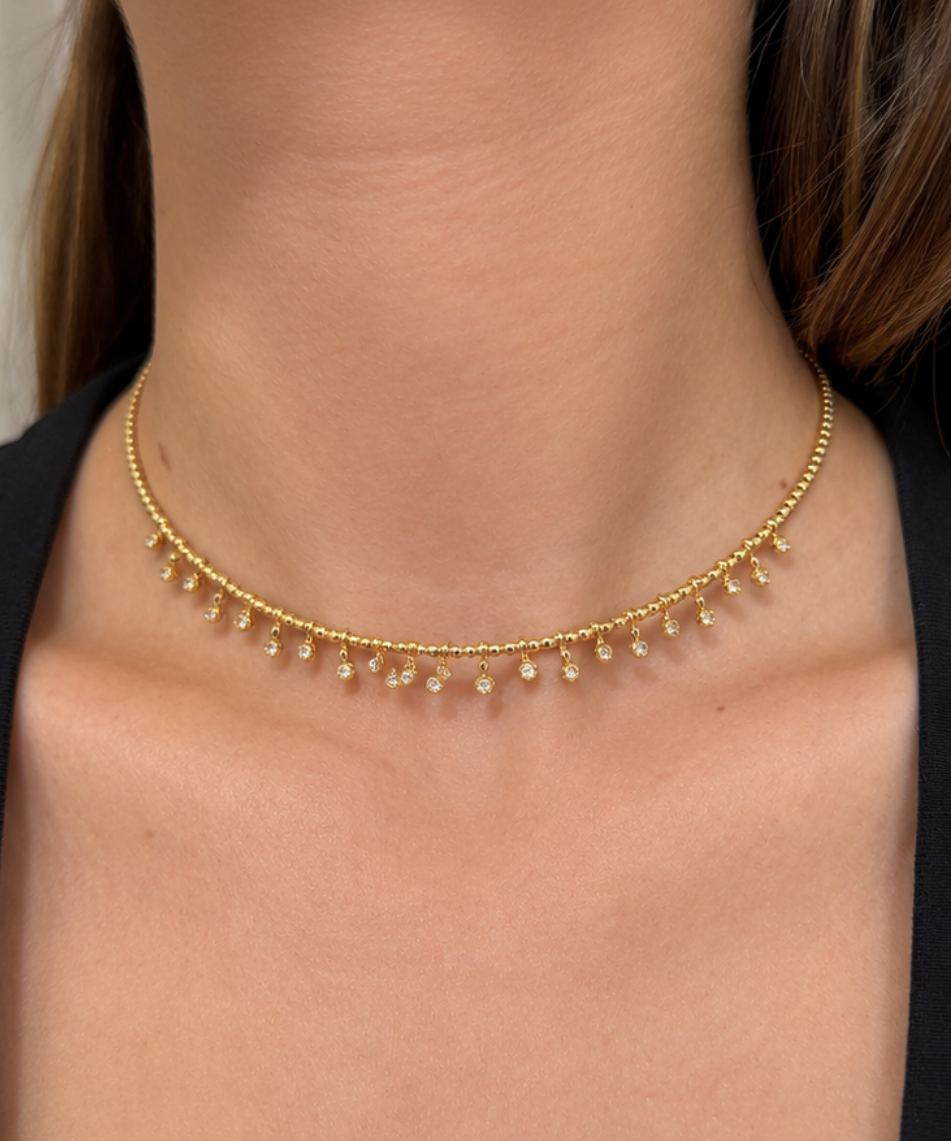 0.34ct Diamond 18K Gold Drop Choker Necklace