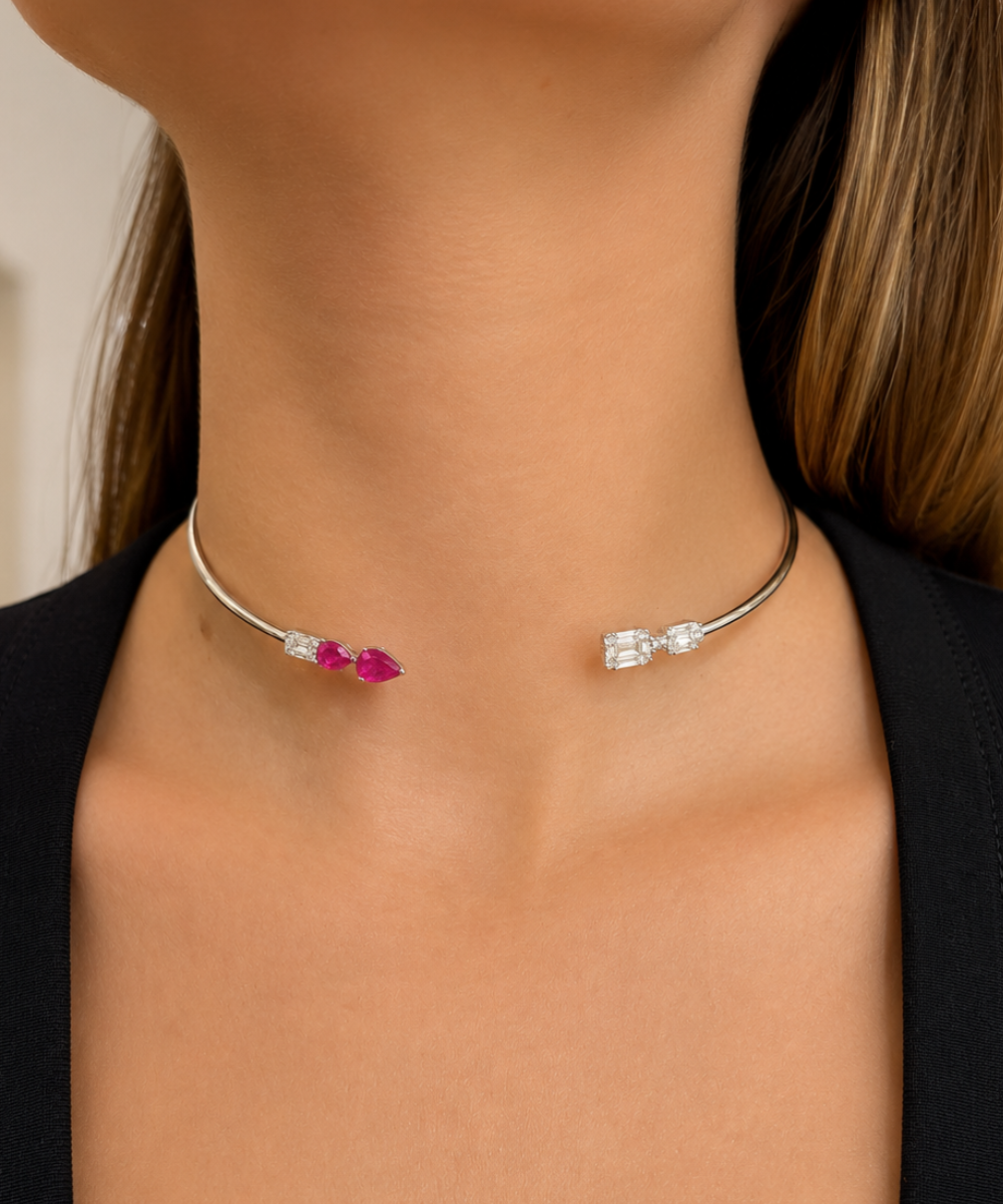3.10cts Diamond Ruby 18K Gold Collar Necklace