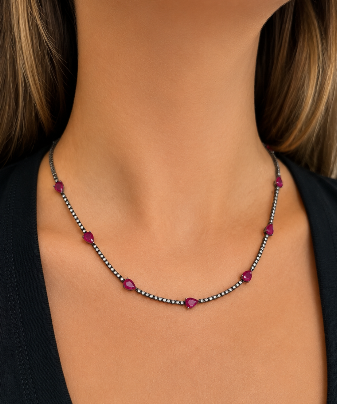 9.50ct Diamond Ruby 18K Gold Stationed Tennis Necklace