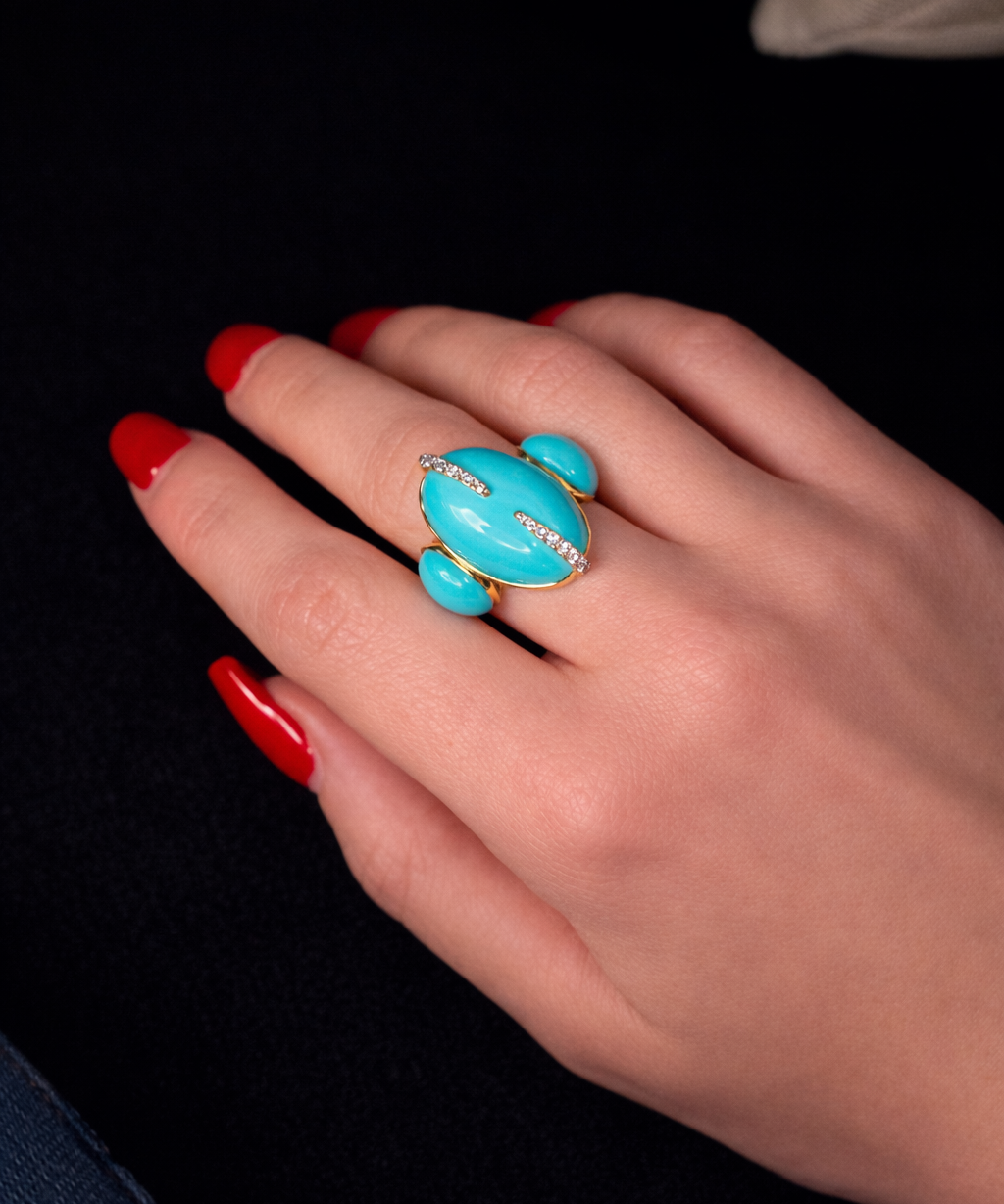 17.02ct Diamond Turquoise 18K Gold Cocktail Ring