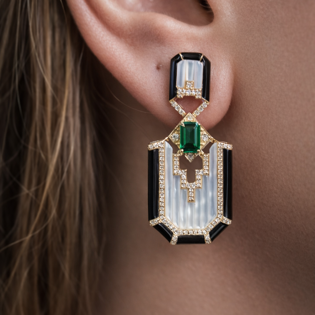0.71ct Emerald Diamond Black Onyx 18K Gold Statement Earrings