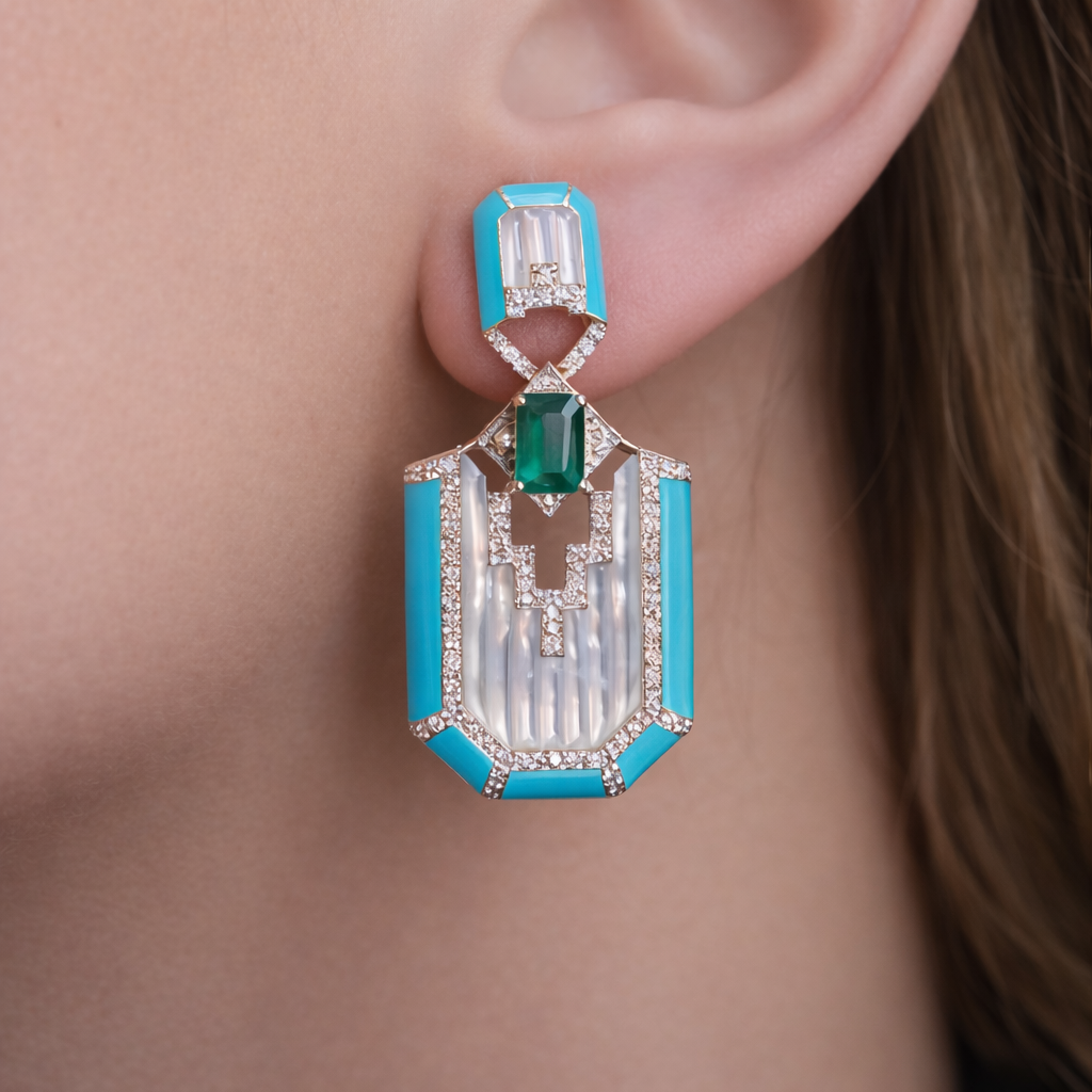 0.71ct Emerald Turquoise Diamond Mother of Pearl 18K Gold Statement Earrings