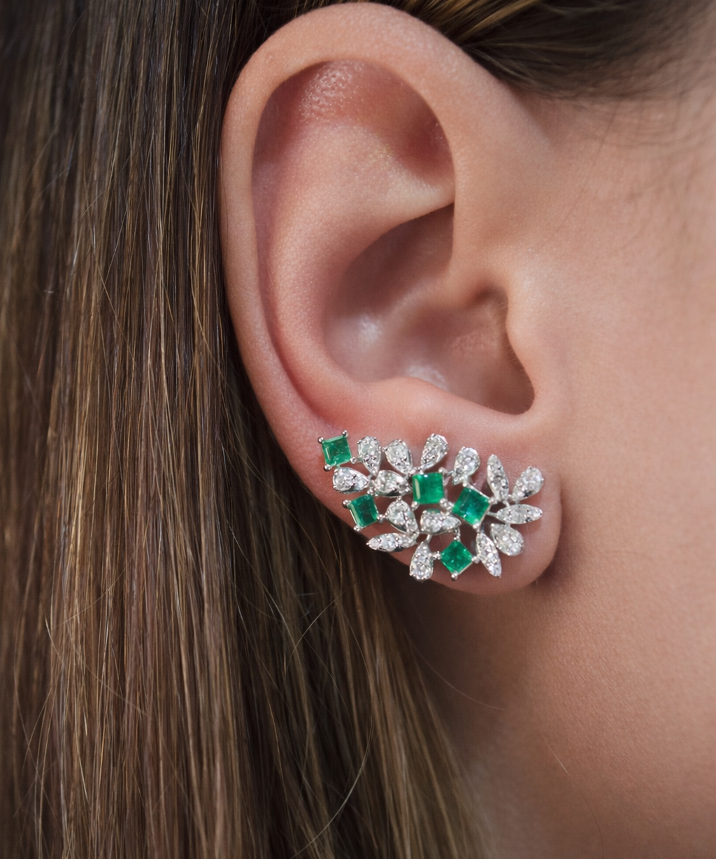 2.88ct Diamond Emerald 18K Gold Leaf Climber Earrings