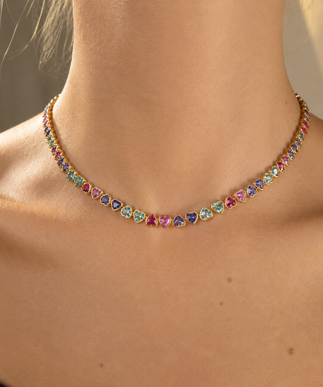 23.81ct Multi Sapphire 14K Gold Bezel Heart Tennis Necklace
