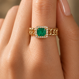 1.26ct Diamond Emerald 18K Gold Cuban Chain Ring