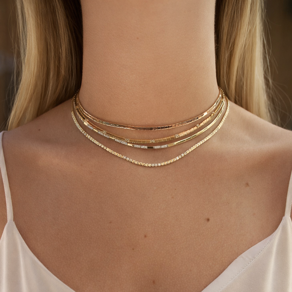 0.70ct Diamond 14K Gold Stationed Choker Necklace