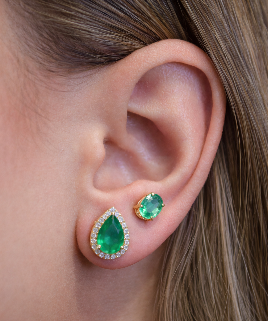 1.52ct Emerald Diamond 18K Gold Pear Halo Stud Earrings