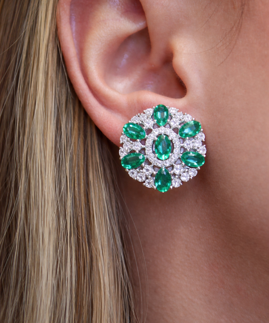4.33ct Diamond Emerald 18K Gold Cluster Earrings