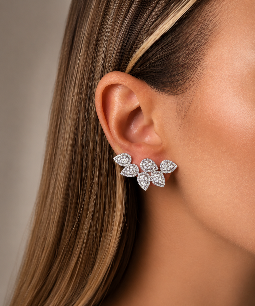 2.43ct Diamond 18K Gold Pave Leaf Climber Earrings