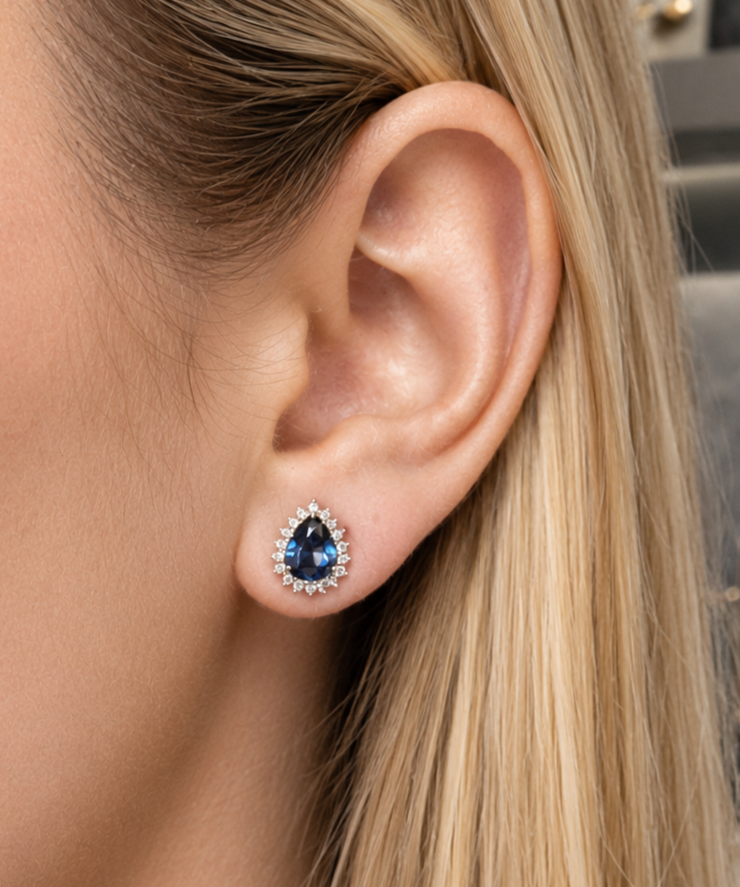 2.50ct Diamond Blue Sapphire 18K Gold Halo Pear Stud Earrings