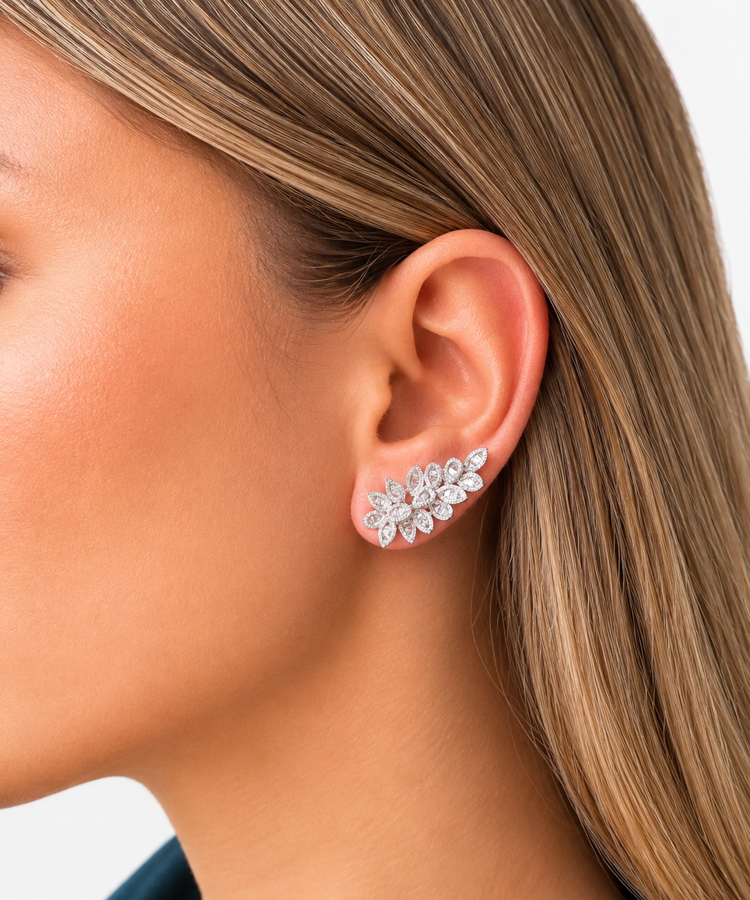 1.36ct Diamond 18K Gold Leaf Climber Baguette Earrings