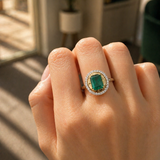 1.85ct Diamond Emerald 14K Gold Halo Cocktail Ring