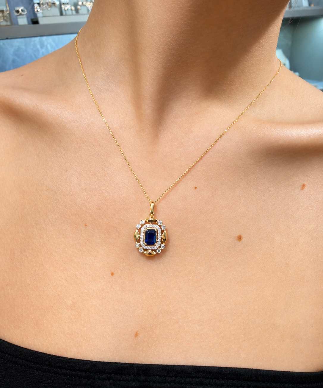 1.55ct Diamond Sapphire 14K Gold Vintage Inspired Necklace
