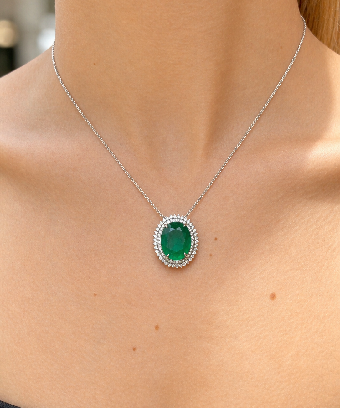 12.55ct Emerald Diamond 18K Gold Halo Necklace
