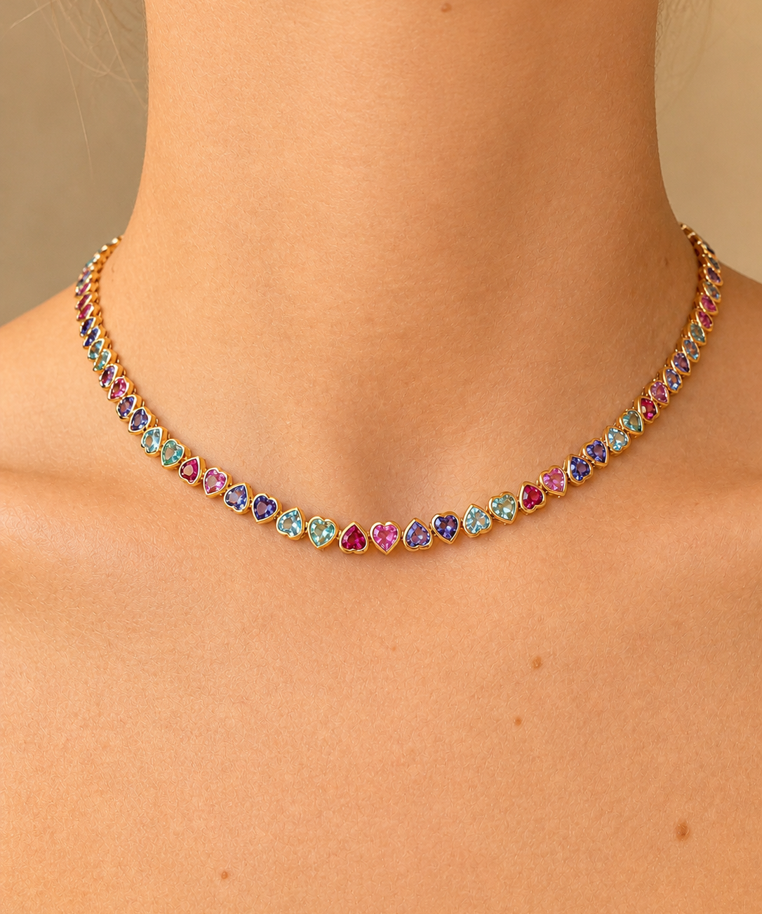 23.81ct Multi Sapphire 14K Gold Bezel Heart Tennis Necklace