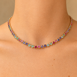 23.81ct Multi Sapphire 14K Gold Bezel Heart Tennis Necklace