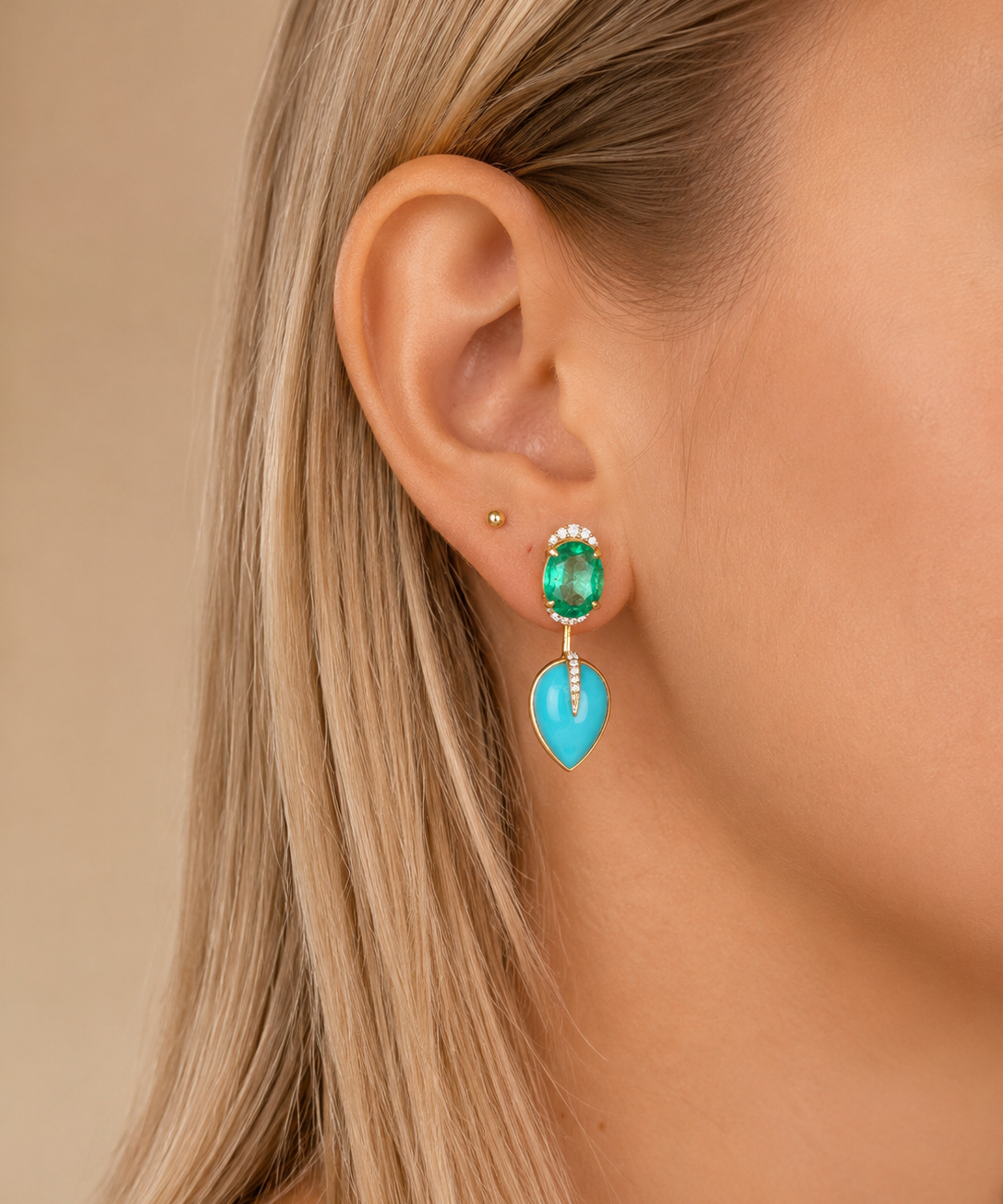 8.38ct Diamond Emerald Turquoise 18K Gold Day & Night Earrings