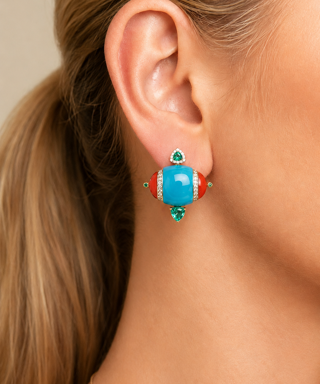 16.92ct Diamond Emerald Turquoise Coral 18K Gold Earrings