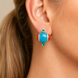 16.92ct Diamond Emerald Turquoise Coral 18K Gold Earrings