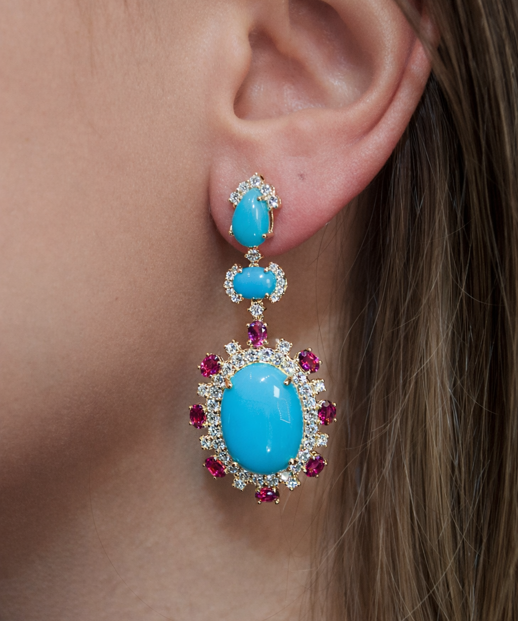 26.13ct Turquoise Diamond 14K Gold Drop Statement Earrings