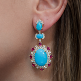 26.13ct Turquoise Diamond 14K Gold Drop Statement Earrings