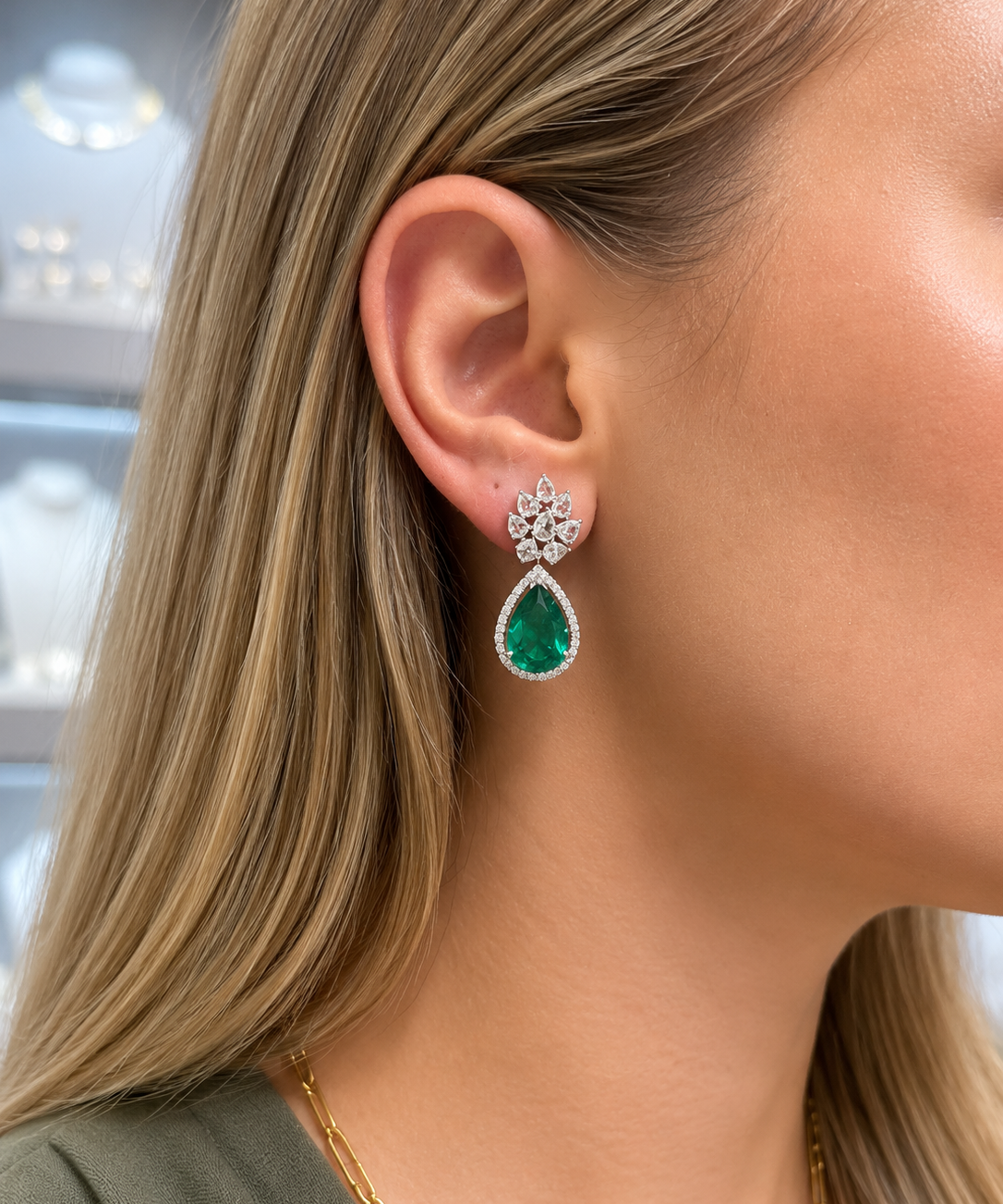 10.17ct Diamond Emerald 18K Gold Flower Drop Earrings
