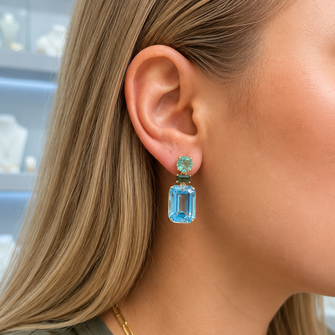 27.92ct Blue Topaz Green Sapphire 18K Gold Drop Earrings