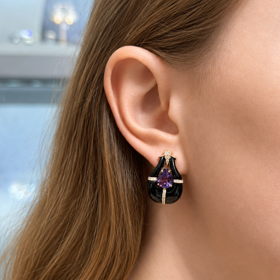 25.12ct Diamond Amethyst Onyx 18K Gold Statement Earrings