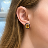 14.34ct Citrine Diamond Onyx 18K Gold Halo Stud Earrings