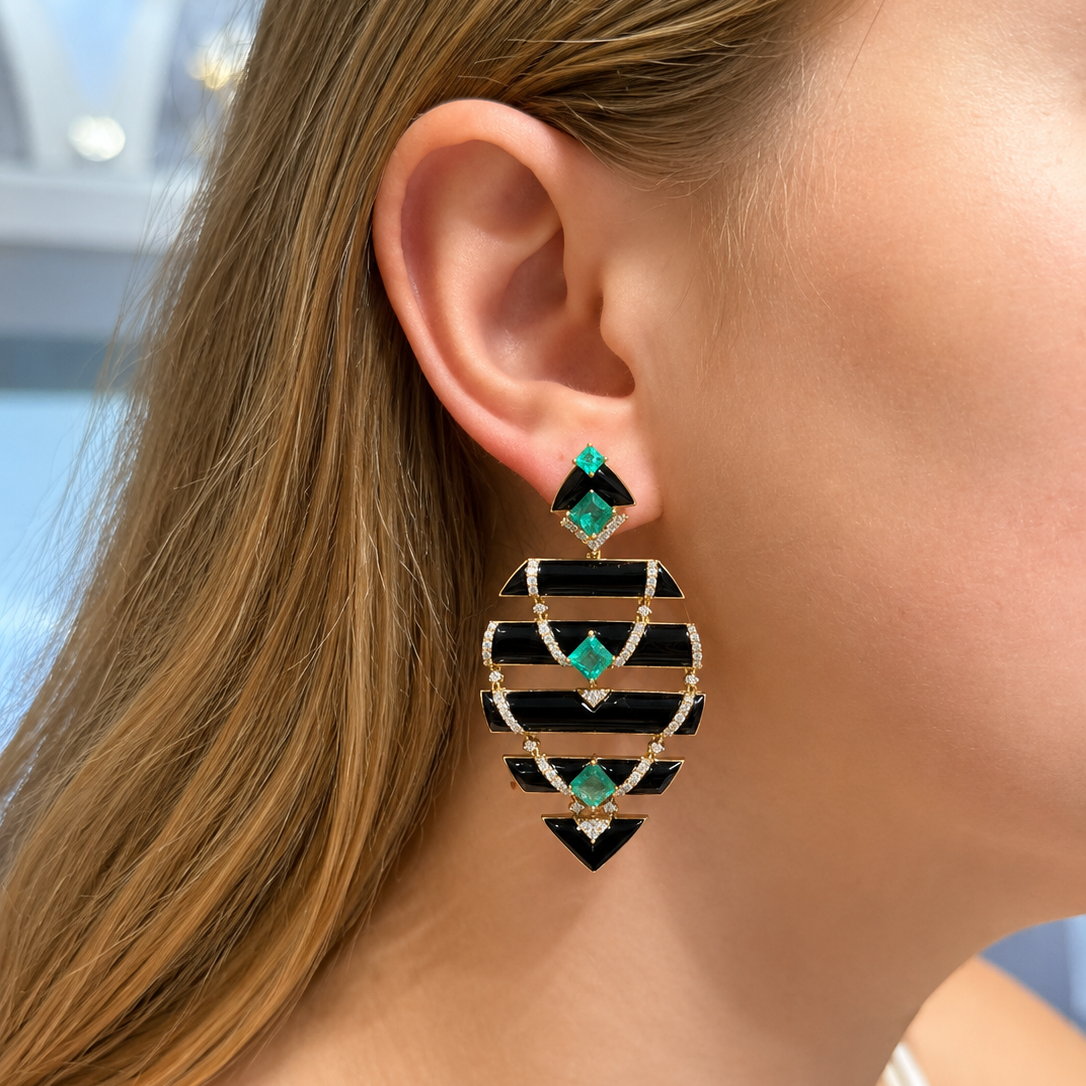 39.36ct Diamond Emerald Onyx 18K Gold Statement Drop Earrings
