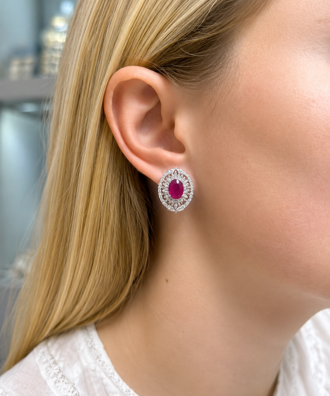 4.01ct Ruby Diamond 18K Gold Halo Earrings