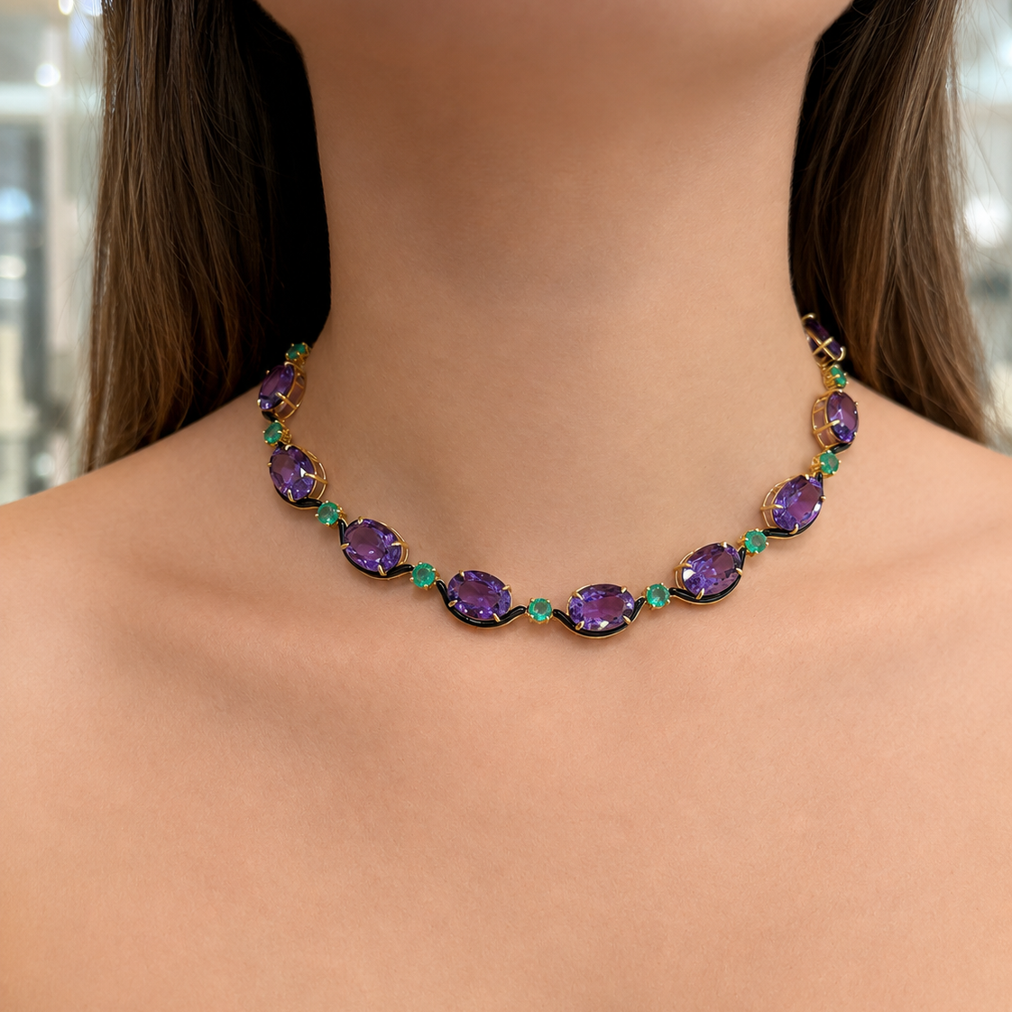 64.42ct Amethyst Emerald Onyx 18K Gold Stationed Necklace