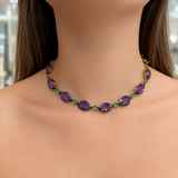 64.42ct Amethyst Emerald Onyx 18K Gold Stationed Necklace