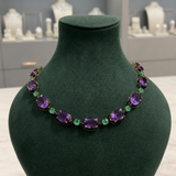 64.42ct Amethyst Emerald Onyx 18K Gold Stationed Necklace