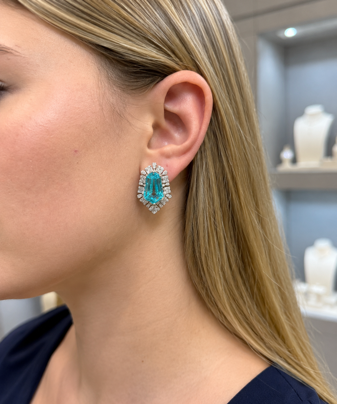 29.87ct Diamond Aquamarine 14K Gold Shield Stud Earrings